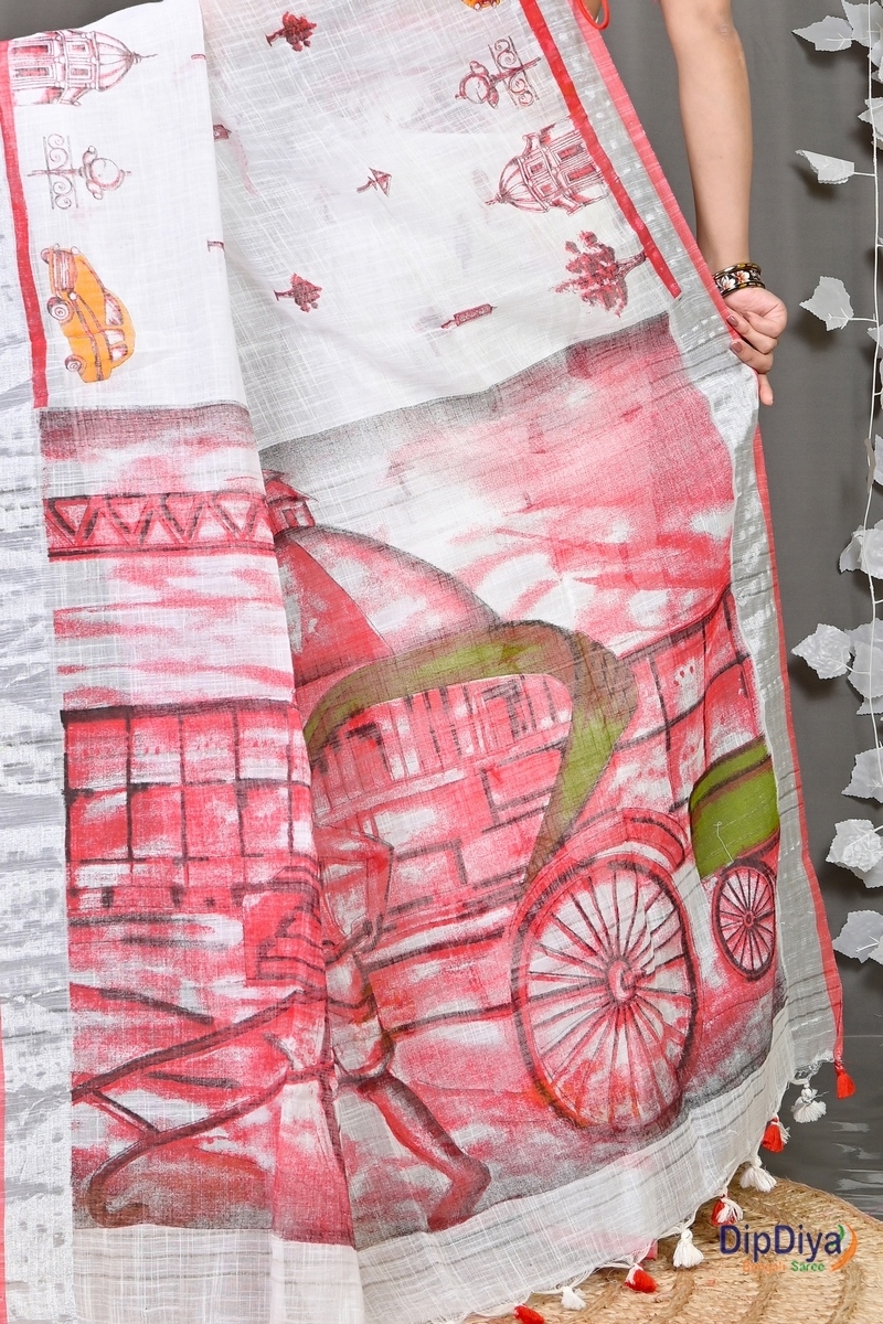 White Red Pure Cotton Soher Printed Handloom Saree (605)